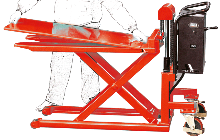 Plattformwagen elektrisch in rot mit angehobener Plattform und Scherenmechanik